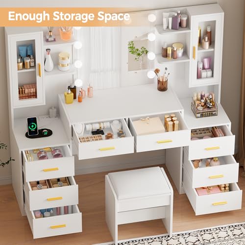 BEWISHOME Vanity Desk with Mirror and Lights,59.1\" Large Makeup Vanity Table with Power Outlet and Stool,Dressing Table with 8 Drawers & 6 Storage Shelves,White Makeup Vanitys for Bedroom Women FVT67W
