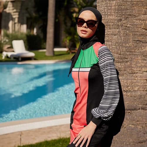 Modest Swimwear for Women 3-Piece Set | Striped Sporty Swimsuit Suit Cover Set | Swimwear Long Sleeve Burkini Set Beachwear3