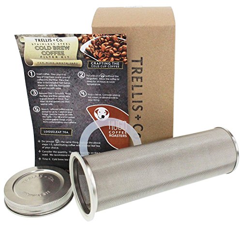 Trellis + Co. Cold Brew Coffee Stainless Steel Filter & Lid - 80 Micron Woven Filter, Lid & Gaskets, Instructions - Fits Half Gallon Wide Mouth Mason Jars