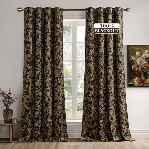 StangH Two-Layer Gold Floral Fall Curtains for Bedroom, Vintage 100%