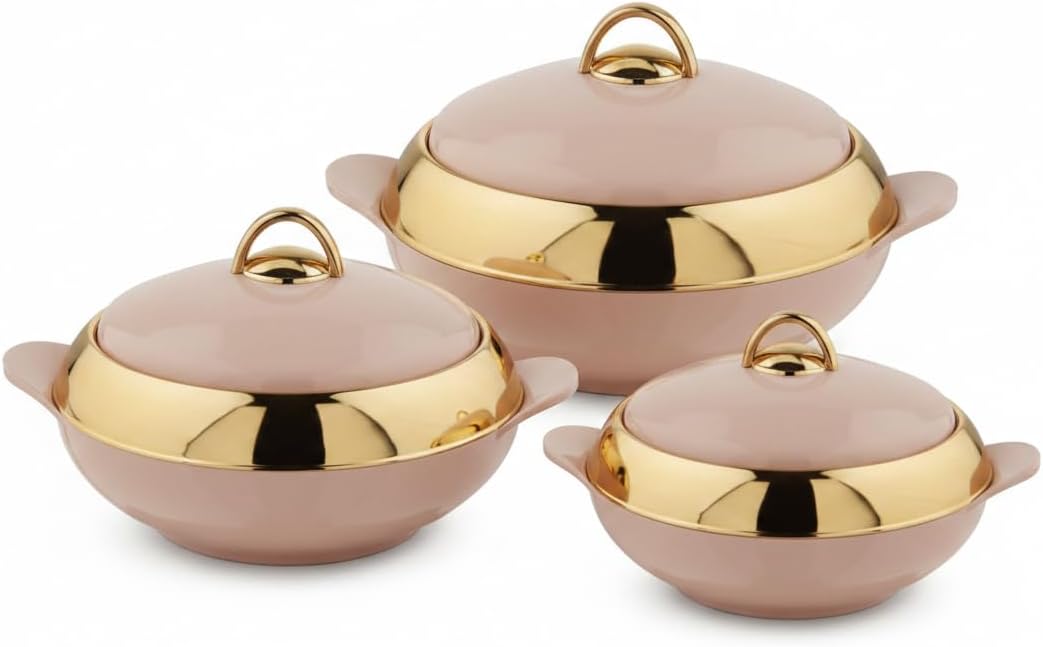 T TABAKH Crescent 2.5L+3.5L+5L Insulated Casserole Dish with Lid - 3pc Set Hot Pot Food Warmer/Cooler - Thermal Soup, Salad Serving Bowl - Stainless Steel Container - Keeps Food Hot & Cold