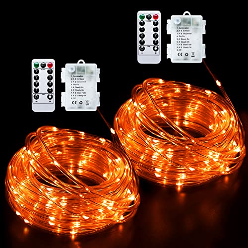 JMEXSUSS Lot de 2 guirlandes lumineuses de Noël oranges à piles, 10 m chacune avec 100 LED à piles, étanches, à fonctionnement à piles, pour balcon, jardin, décoration de Noël Cover