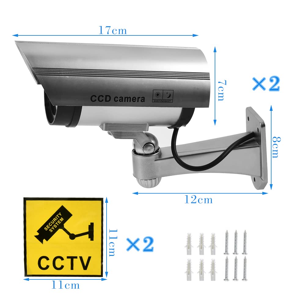 TIMESETL Camera Factice pour Exterieur et Intérieure 2Pcs Caméra Fausse Caméra de Surveillance Caméra Factice avec LED Infrarouge Clignotante Rouge d'avertissement, Caméra Fausse de Sécurit, Argent