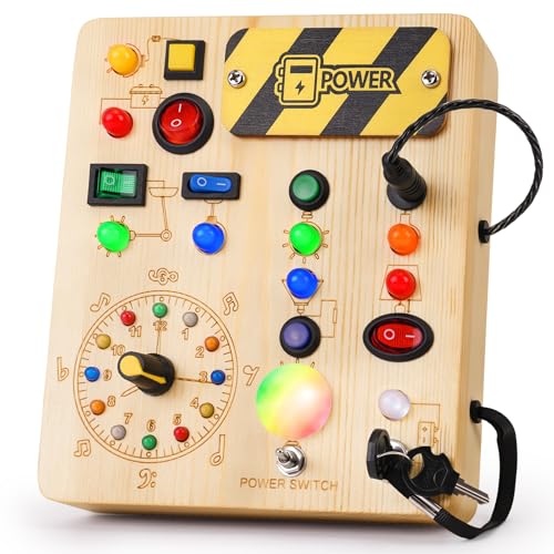 Image of Busy Board with Led Light, Montessori Toys for 1-3 Years Old Boys Girls Wooden Toddler Toys Birthday Gift Educational Toys for 1+ Year Old, Toddler Travel Toy Sensory Toys for Kids with Autism
