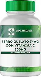 Ferro Quelato 34mg com Vitamina C 500mg 60 Cápsulas | Alta Absorção | Suplemento Sem Glúten e Lactose | Uso Diário