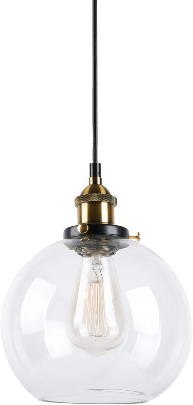 LANTU CREATIVE Glass Pendant Light Vintage Industrial Metal Finish Clear Glass Ball Round Shade Loft Pendant Lamp Retro Ceiling Light Vintage Lamp (Clear, 20CM