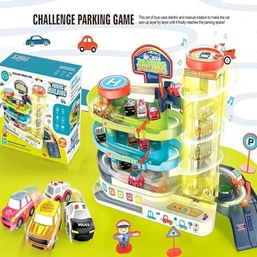 EXOMOON Car Track Set 3 Level Race Track, Kids Car Toy Garage Playset, Electric Parking Lot Toy for Toddler with Background Sound & Light for Automatic & Manual for Over 3 Years Kid 2