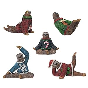 Bella Haus Design Yoga Sloth Figurines in Ugly Christmas Sweaters 3″ – Polyresin Mini Statue for X-mas Home Decoration, Secret Santa White Elephant Gift Exchange