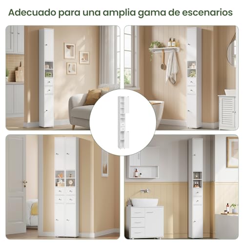 Miniatura 8 de Eugad Mueble Baño Estrecho, Armario Alto, Con Estantes Regulables En Altura, 20x20x180 Cm, Columna Baño Auxiliar 2 Cajones Y 2 Estantes Abietos, Blanco 0257wy