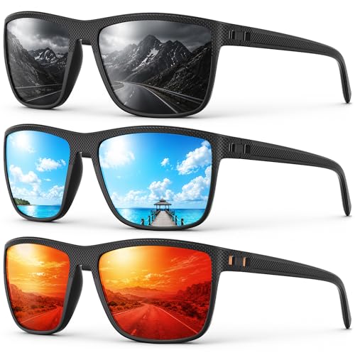 Fanshen Square Polarized Sunglasses for Men, 3 Pack Lightweight UV Protection Sun Glasses for Driving Fishing Golf (Black/Ice Blue/Red)