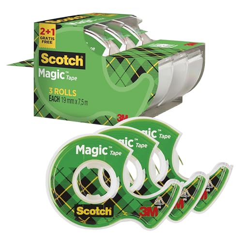 Scotch Magic Tape, Rouleaux de Ruban Adhésif Transparent avec Dévidoir, Lot de 3, Ruban de 19mm x 7.5m - Idéal pour le Bureau et l'École