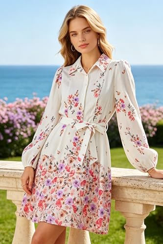 Image of Women Long Sleeve Spring Button Down A-Line Floral Print Summer Cocktail Shirt Dresses with Belt