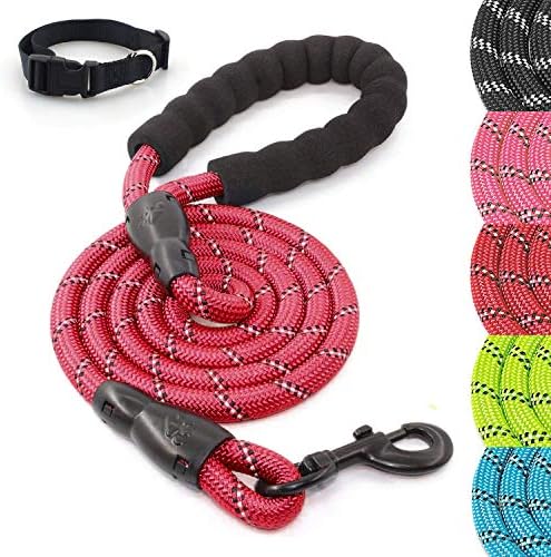 Herculeash 5/6FT Dog Leash and Collar Set with Comfortable Padded Handle- Heavy Duty Highly Reflective Threads Rope Pet Leash for Dogs up to 110lbs- 5ft, Red