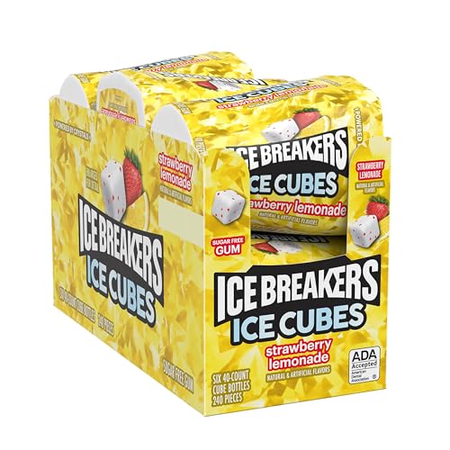 ICE BREAKERS Ice Cubes Strawberry Lemonade Sugar Free Chewing Gum Bottles, 3.24 oz (6 Count, 40 Pieces)