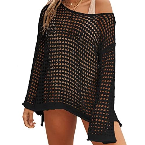 LOMON Womens Beach Cover Ups Long Sleeve Crochet Coverups for Swimwear Mesh Knit Swimsuit Cover Up XS-XXL