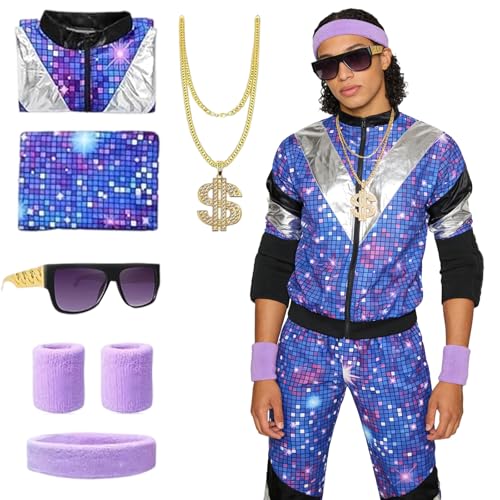 KOMEIYL Déguisement Année 80 90 Homme Femme, Costumes Années 80 Survêtement Rétro avec Veste, et Pantalon, Lunettes de Soleil et Collier pour Carnaval Halloween Disco Party (L)