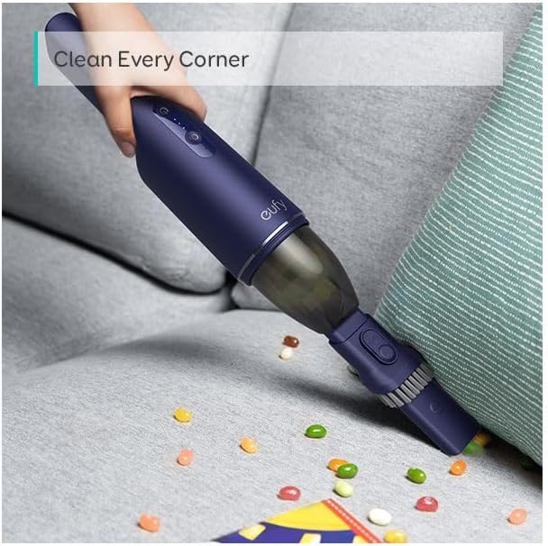 eufy HomeVac H11 Pure being used to clean crumbs from a high chair, demonstrating its light and nimble design