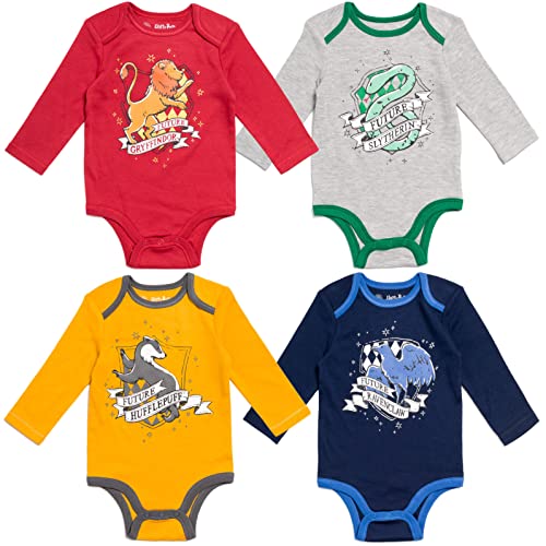Image of Harry Potter Hogwarts Hufflepuff Ravenclaw Slytherin Baby 4 Pack Cuddly Bodysuits Newborn to Infant