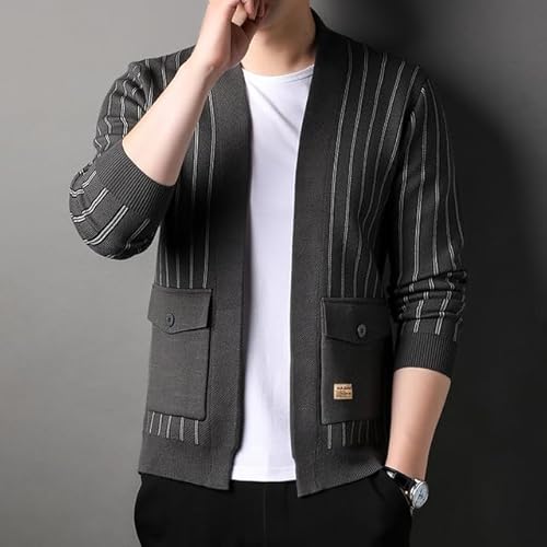 Suéter masculino primavera e outono tricotado listras verticais casaco cardigã casual roupas de mang