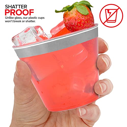 9 Oz Silver-Rim Disposable Plastic Cups (100 Pack) Elegant Tumblers Glasses For Parties, Weddings, Holidays, Dessert Tumbler, Bulk Drinking Cup For Fruit Punch, Cocktails, Wine #TOP3