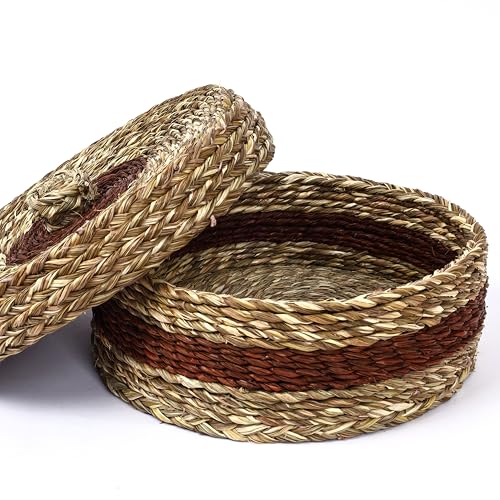 Image of Handwoven Sabai Grass Chapati Box with Lid, Round, 25x10 cm, Natural Brown