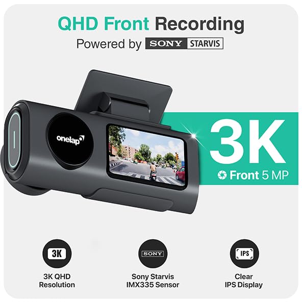 Image of Onelap Vidsure (2026 Edition Front) - 3K UpScaled to 4K Dashcam for Car | Real Sony STARVIS IMX335 | 5MP 3840p QHD Front | 5.8Ghz WiFi | HDR |1.47 inch LCD | Dual Port Charger