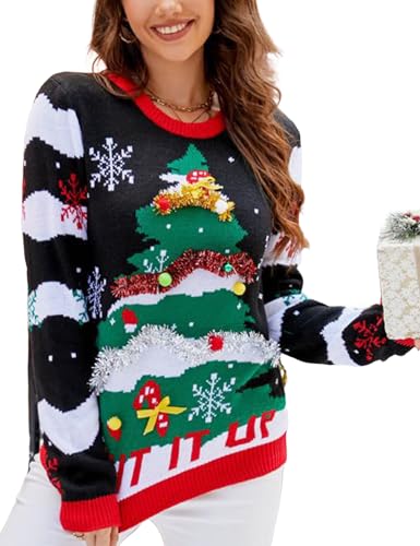 Image of Yimoon Ugly Christmas Sweater for Women Funny Xmas Long Sleeve Knit Pullover Top Cute Santa Tree Reindeer Sweater