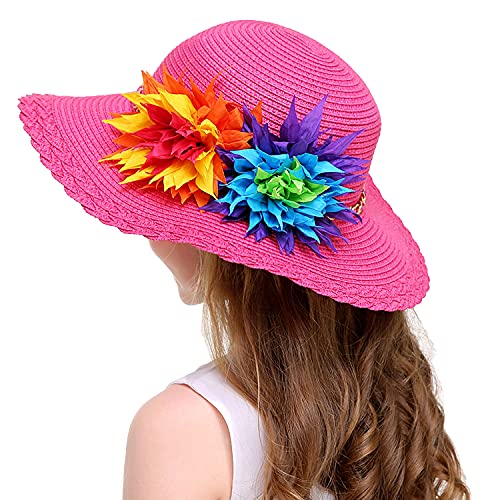 Bienvenu Kids Girls Multi-Colors Large Brim Flower Beach Straw Sun Hats3