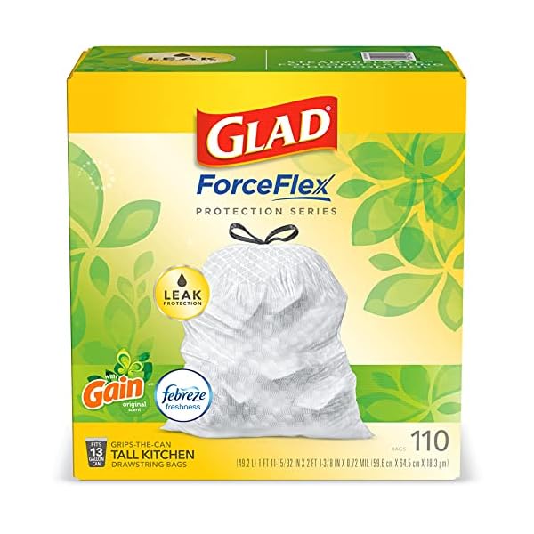 Glad ForceFlex Müllbeutel, groß, mit Kordelzug, ca. 45 l, Weiß