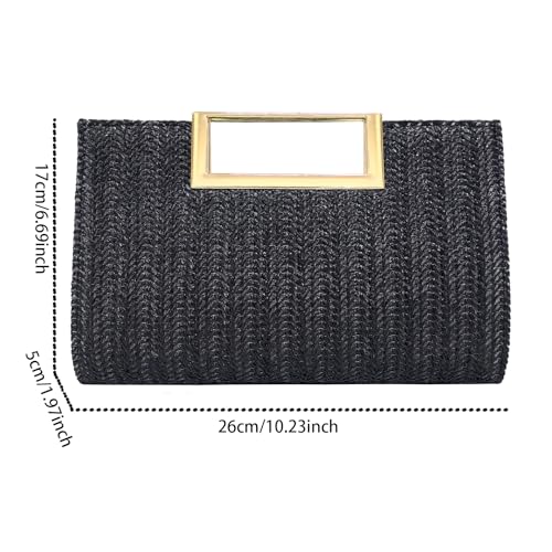 Image of Women's Straw Raffia Clutch Purse, Top Handle Woven Handbag with Crossbody Strap, Summer Beach Shoulder Bag