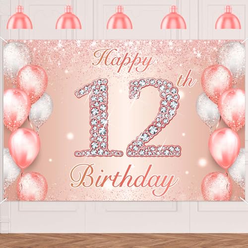 Image of Happy 12th Birthday Rose Gold Banner Cheers to 12 Years Old Backdrop Confetti Balloons Theme Decor for Girls 12 Years Old Pink Birthday Party Decorations Bday Supplies Background Favors Gift Glitter