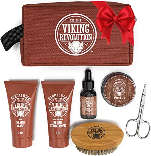 Beard Care Kit for Men Gift- Beard Grooming Kit Contains Travel Size Beard Oil, Beard Balm, Beard Shampoo & Conditioner, Beard Brush and Grooming Scissors - Includes Travel Case (Sandalwood)