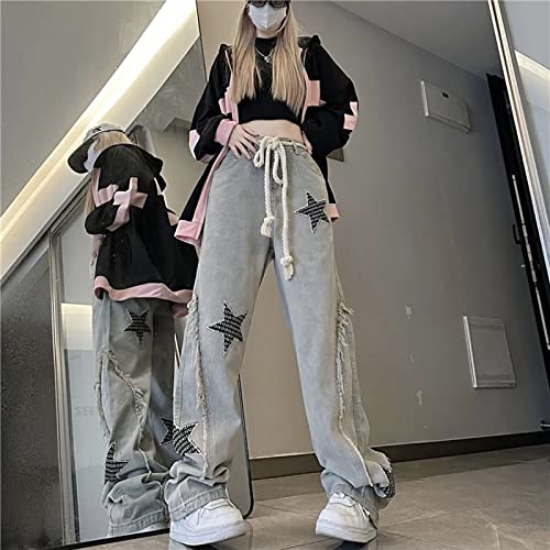 BXCNCKD FEUSEUZ Y2K Women's Printed Star Jeans Hip-hop Street Fashion Retro Design Casual Low Waist Loose Straight Jeans2