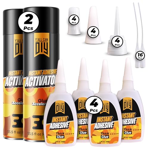 CA Glue with Activator (4 x 1.76 oz. + 2 x 13.5 fl oz.) - Industrial-Grade Cyanoacrylate Adhesive and Super Glue Accelerator for Woodworking, Crafts, DIY, and Repairs, Instant Glue Bond