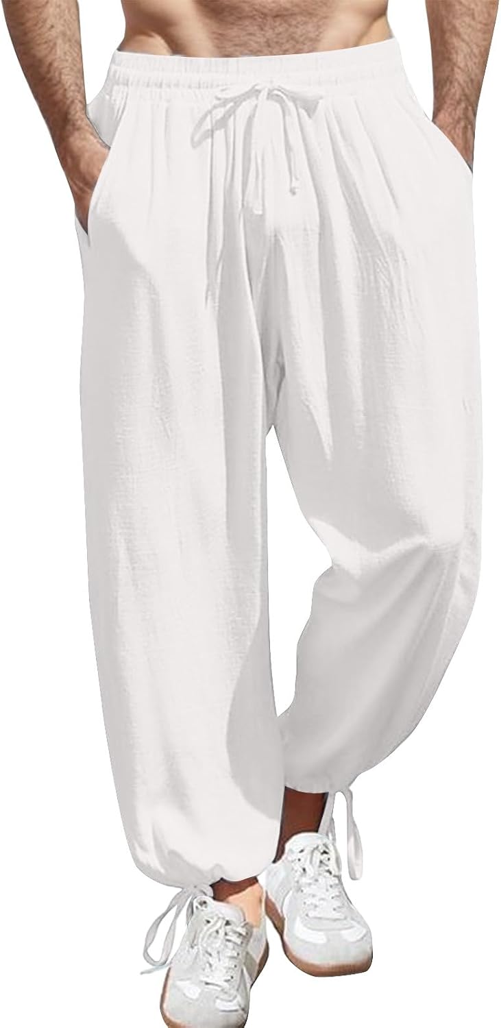 Linen Joggers Men Casual Summer Straight Leg Beach Pants with Pockets Loose Fit Drawstring Elastic Waist Yoga Pants