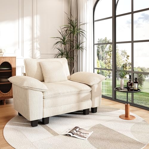 Image of PHI VILLA Oversized Single Sofa Chair with Deep Seat, Cloud Upholstered Reading Armchair, 1 Seater Comfy Sofa Chair for Bedroom Nook, Corduroy, Beige