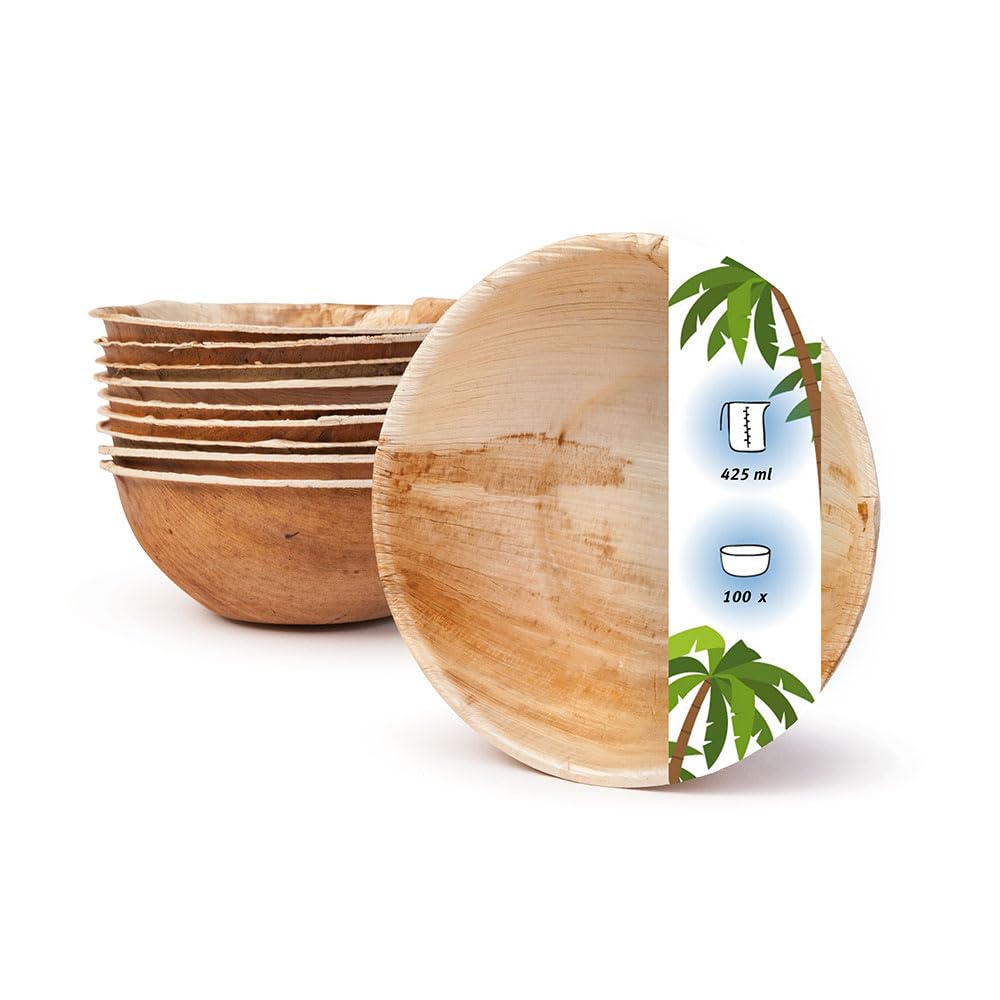 Palmware - umweltfreundliches Einweggeschirr aus Palmblättern I 100 Stück Palmblatt Schale rund 425ml Ø15cm I Salat-Schüssel Dipschalen Suppenschale Servierschale Snackschale