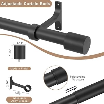 Matte Black Curtain Rods with Cap Finials, Single 144-164 Telescoping Heavy Duty 1-Inch Window Treatment Rods