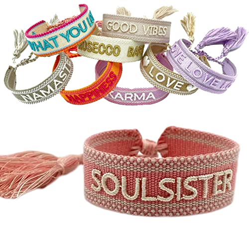 LS-LebenStil Exklusives Statement Armband - das Original - Soulsister Rosa Weiß 16-20cm Quasten besticktes Boho Canvas Webarmband Damen Freundschaftsarmband Geschenk gewebt textil Stoffarmband