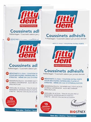 Coussinets Fittydent Adhésifs : Fixation Forte Imperméable pour Prothèse Inférieure en Pack de 4