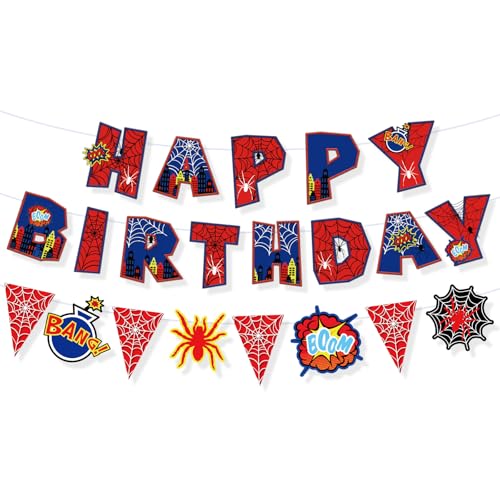 Tinoaly Decoraciones Cumpleaños con Temática de Araña, Incluye Pancarta de Happy Birthday Banderín Telaraña para Fondo Infantil Suministros Fiesta para Niños y Niñas Decoración Baby Shower