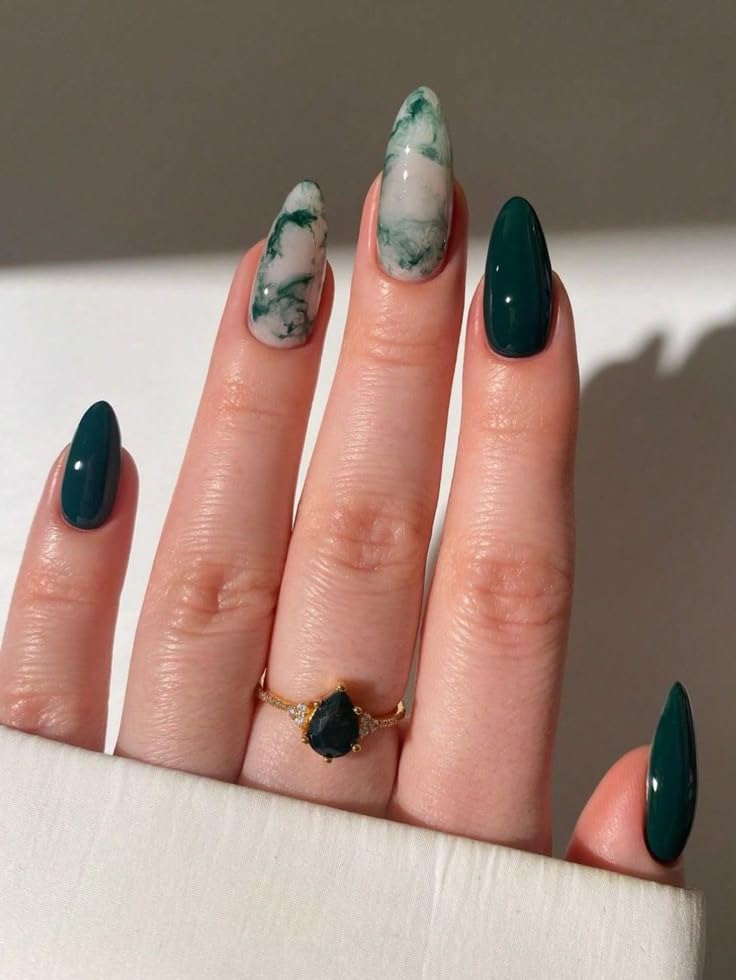 Emerald Green Marble Press On Nails - 10 Pcs Green Almond Fake Nails, Glossy Luxury Jade Stone Design, Long Length Glue On Nails for Women, Reusable Acrylic False Nails Kit-image-40