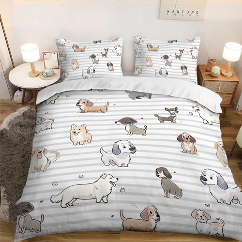 AILONEN Kawaii Puppy Duvet Cover Full Size, Cute Dog Animal Bedding Set for Kids Girls Boys,Cartoon Puppy Pug Comforter Cover,1 Quilt Cover 2 Pillowcases,3 PCS