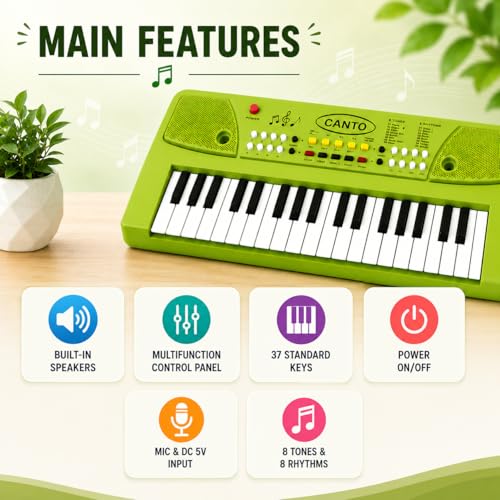 Image of Braintastic Kids Piano Keyboard with Microphone, 37 Keys, 8 Rhythms, 8 Tones with 6 in-Built Demos & Song Recording Feature for Boys & Girls (Green)