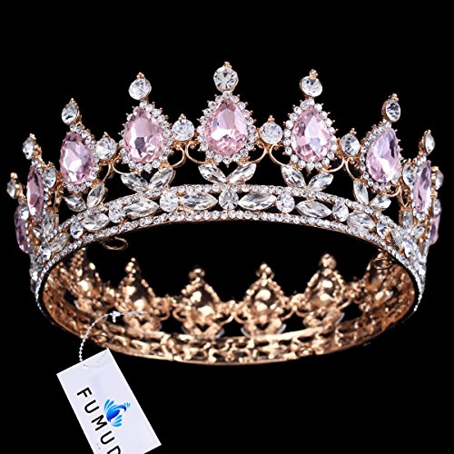 FUMUD Baroque Pink Crystal Bridal crown classic Gold Tiaras for Women Wedding hair jewelry accessories