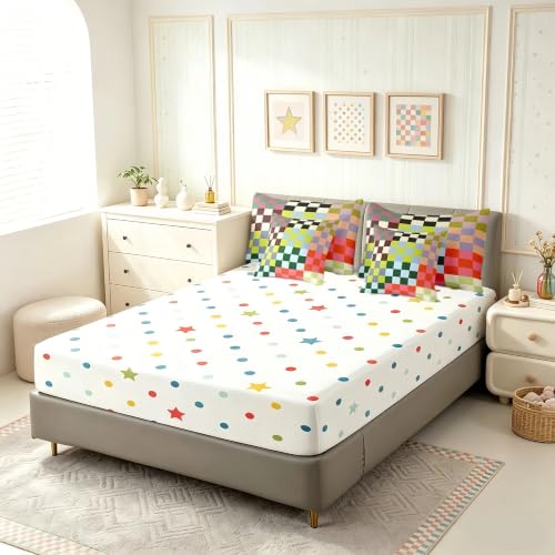 Image of Feelyou Multicolored Checkered Retro 7 Piece Bedding Set Kids Boys Geometric Vintage Comforter Set with Sheets Queen Size Green Red Yellow Colorful Bed in a Bag Modern Groovy Aesthetic Room Decor