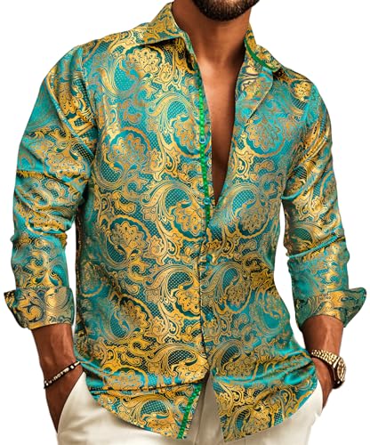 Chemise soie homme motif cachemire manches longues boutonnées grande taille XXL tendance