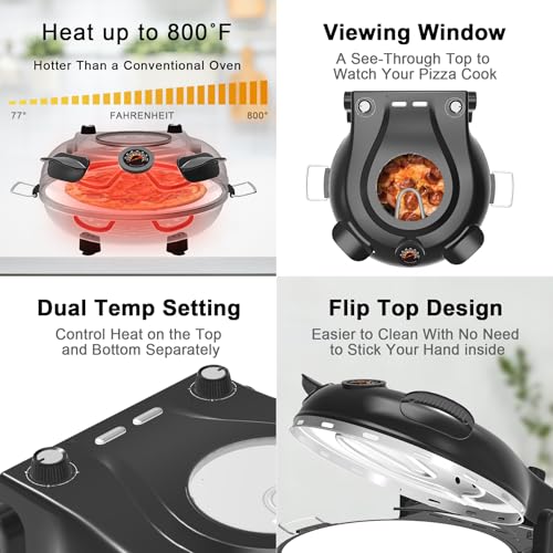 Image of Electric-Pizza-Oven-Indoor, 12 Inches Countertop Cooker,800℉ Electric Pizza Maker, Ceramic Stone, Viewing Window, Black