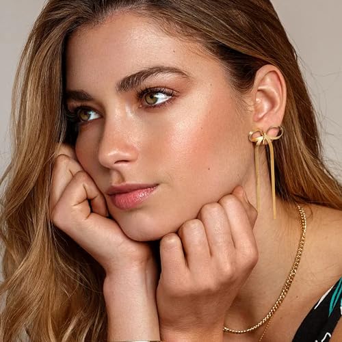 THUNARAZ Bow Clip on Earrings for Women Girls 14K Gold Plated Statement Earrings Clips Non Piercing Ribbon Long Dangle Drop Tassel Clip-on Earrings Sparkly Jewelry Gift Set2