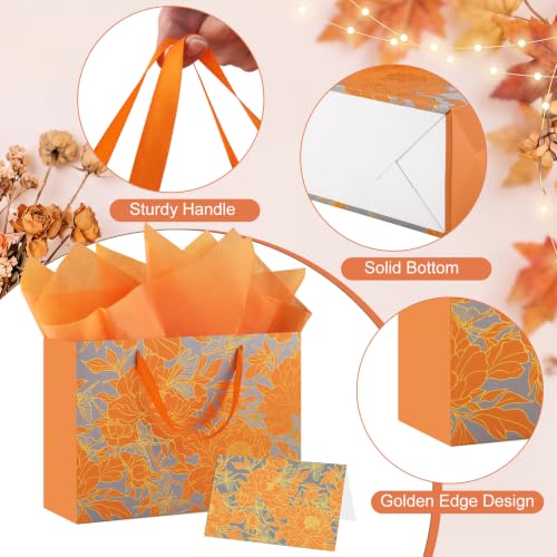 woric 2pcs Fall Gift Bags 14" Orange Floral Autumn Gift Bag with Handles — view 3